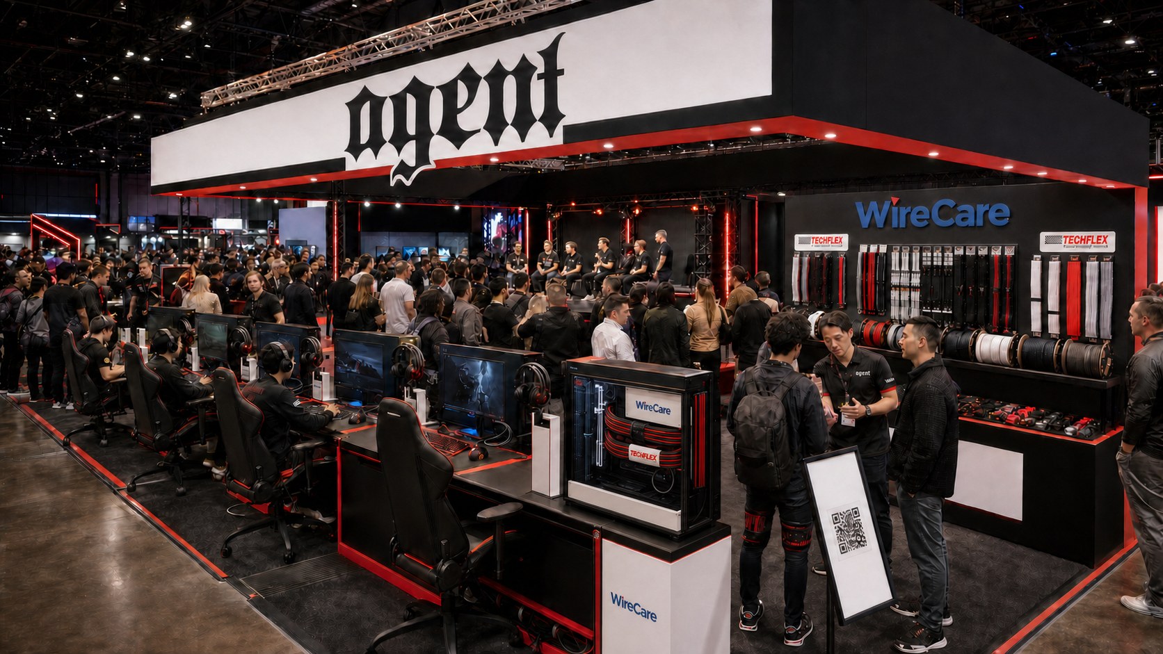 Concept of a joint Agent and WireCare booth with a product wall and gaming stations
