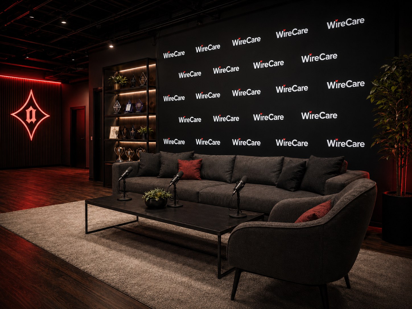 Concept of a dedicated filming area inside the Agent House with a couch, microphones, camera, studio lighting, and WireCare branding on the wall behind