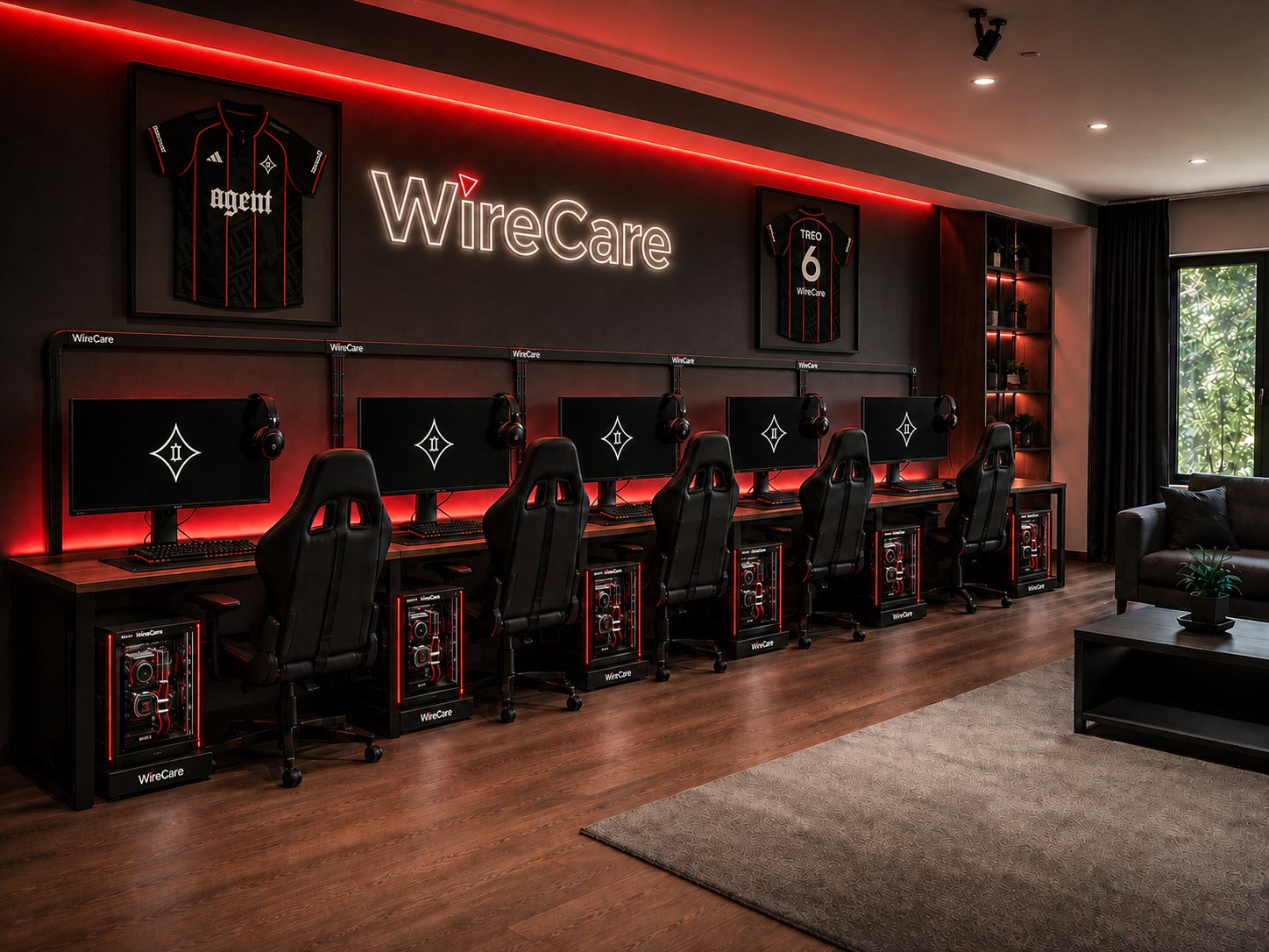Concept render of the Agent House player room with a neon WireCare sign, WireCare cable runs and WireCare PC stands